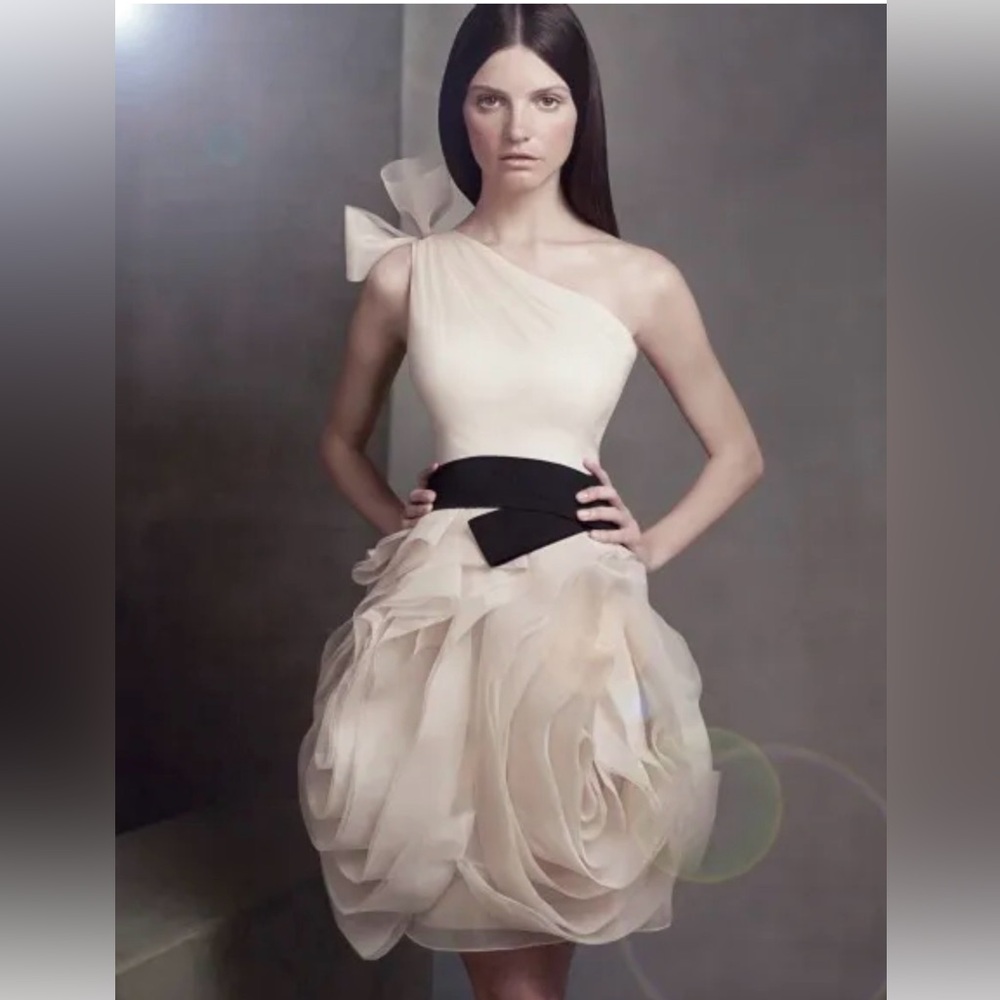 White by Vera Wang Organza One-Shoulder Dress, Hand-Cut bias, Floral, US L